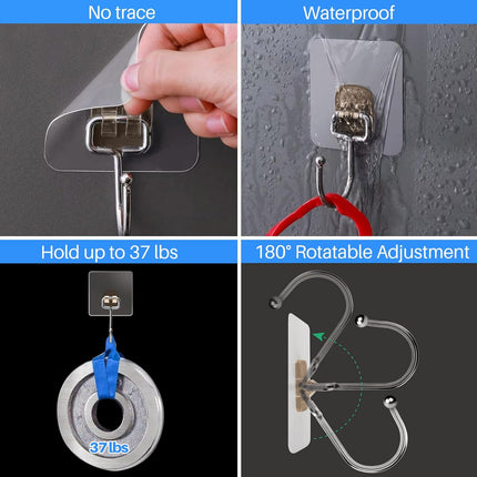 10-Pack Large Adhesive Hooks, Wreath Hangers, Heavy Duty Adhesive Hooks 37 lb(Max), Sticky Wall Hook fit Home, Bathroom, Kitchen, Office and Outdoor (Transparent Gray).