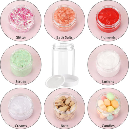 4 Pack Plastic Jars, 4 OZ Round Clear Cosmetic Container Jars with White Lids, Leak Proof Makeup Sample Container, Refillable Travel Cosmetic Storage for DIY Making Creams, Lotion, Body Scrub.