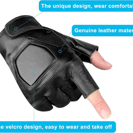 Genuine Leather Cycling Fingerless Gloves, Outdoor Driving Motorcycle Sport Half Finger Glove for Men Women Teens.