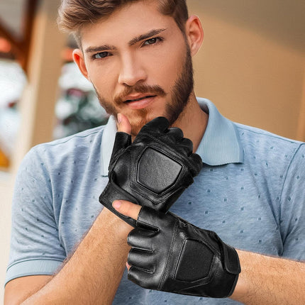 Genuine Leather Cycling Fingerless Gloves, Outdoor Driving Motorcycle Sport Half Finger Glove for Men Women Teens.