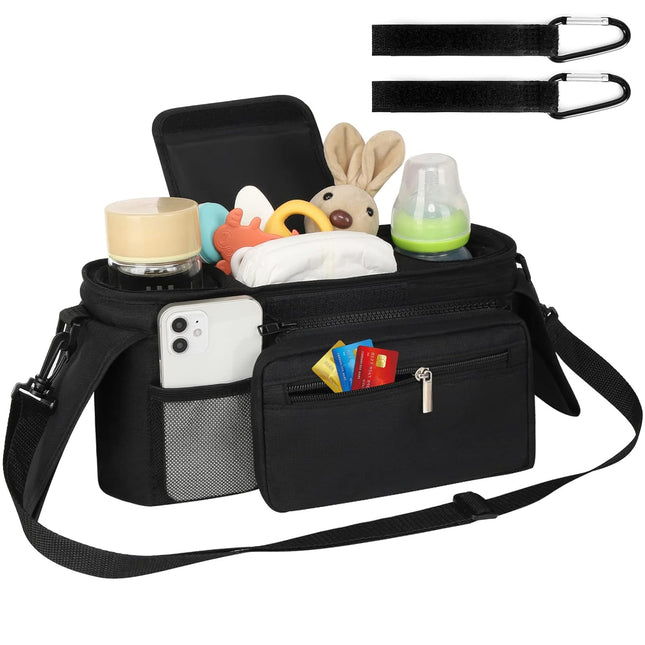 Universal Stroller Organizer with Insulated Cup Holder Detachable Phone Bag and Shoulder Strap,Stroller Bag Caddy Organizer Fits for Uppababy, Baby Jogger, Britax Strollers.