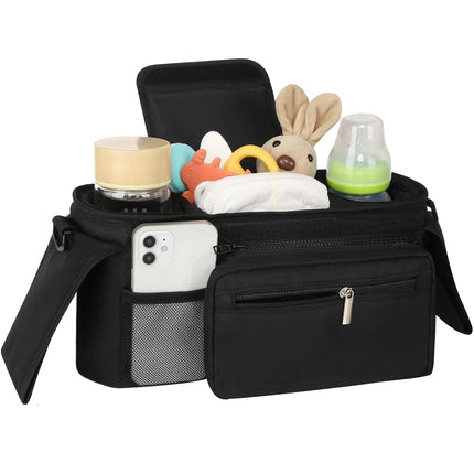 Universal Stroller Organizer with Insulated Cup Holder Detachable Phone Bag and Shoulder Strap,Stroller Bag Caddy Organizer Fits for Uppababy, Baby Jogger, Britax Strollers.
