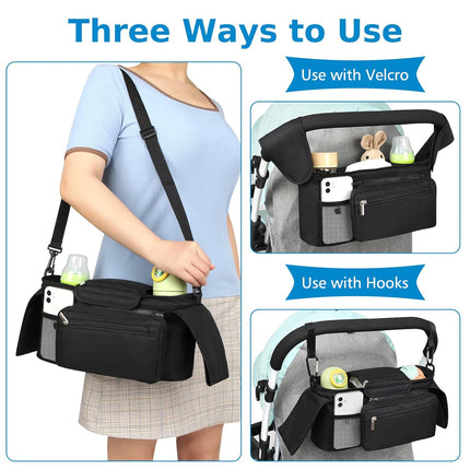 Universal Stroller Organizer with Insulated Cup Holder Detachable Phone Bag and Shoulder Strap,Stroller Bag Caddy Organizer Fits for Uppababy, Baby Jogger, Britax Strollers.