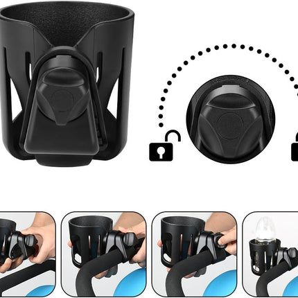 Universal Cup Holder, Stroller Cup Holder, 360° Rotatable Large Caliber Designed Bottle Holder for Stroller, Bike, Wheelchair, Walker, Scooter, Black.