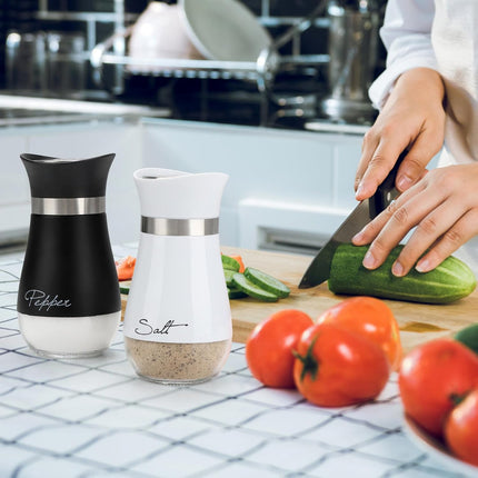 Salt and Pepper Shakers Set, 4 oz Stainless Steel Salt Pepper Shaker Containers with Glass Bottom for Kitchen Cooking, BBQ, Bar, Table, RV, Camp.