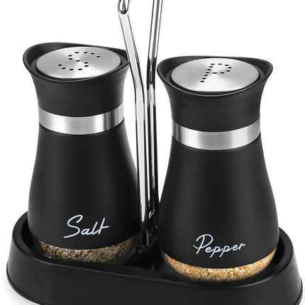 Salt and Pepper Shakers Set with Holder, 4 oz Stainless Steel Salt Pepper Shaker Containers with Glass Bottom for Kitchen Cooking, BBQ, Bar, Table, RV, Camp.