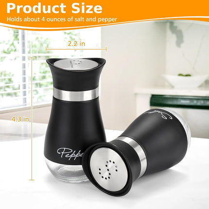 Salt and Pepper Shakers Set with Holder, 4 oz Stainless Steel Salt Pepper Shaker Containers with Glass Bottom for Kitchen Cooking, BBQ, Bar, Table, RV, Camp.