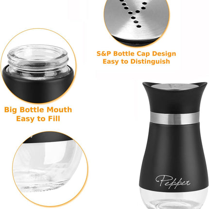 Salt and Pepper Shakers Set with Holder, 4 oz Stainless Steel Salt Pepper Shaker Containers with Glass Bottom for Kitchen Cooking, BBQ, Bar, Table, RV, Camp.