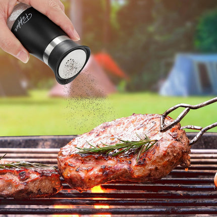 Salt and Pepper Shakers Set with Holder, 4 oz Stainless Steel Salt Pepper Shaker Containers with Glass Bottom for Kitchen Cooking, BBQ, Bar, Table, RV, Camp.