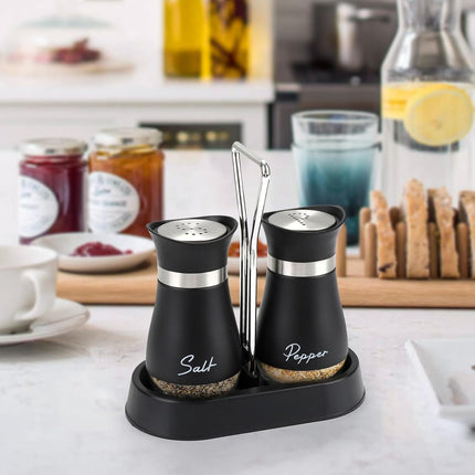 Salt and Pepper Shakers Set with Holder, 4 oz Stainless Steel Salt Pepper Shaker Containers with Glass Bottom for Kitchen Cooking, BBQ, Bar, Table, RV, Camp.
