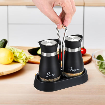 Salt and Pepper Shakers Set with Holder, 4 oz Stainless Steel Salt Pepper Shaker Containers with Glass Bottom for Kitchen Cooking, BBQ, Bar, Table, RV, Camp.