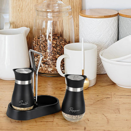 Salt and Pepper Shakers Set with Holder, 4 oz Stainless Steel Salt Pepper Shaker Containers with Glass Bottom for Kitchen Cooking, BBQ, Bar, Table, RV, Camp.
