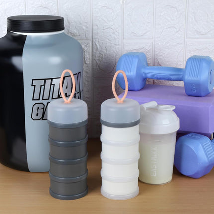 2 Pcs Protein Powder Container to Go with Funnels Stand, 4 Compartments Stackable Protein Powder Dispenser for Workout, Fitness, Travel.