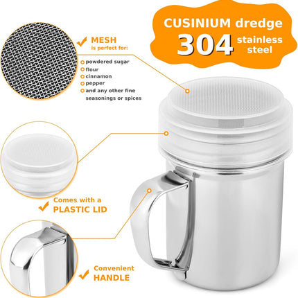3 Pack Powdered Sugar Shaker Duster, Cinnamon Shaker Flour Sifter, Fine Mesh Stainless Steel Dredge for Baking Soda Flour Cinnamon Cocoa.