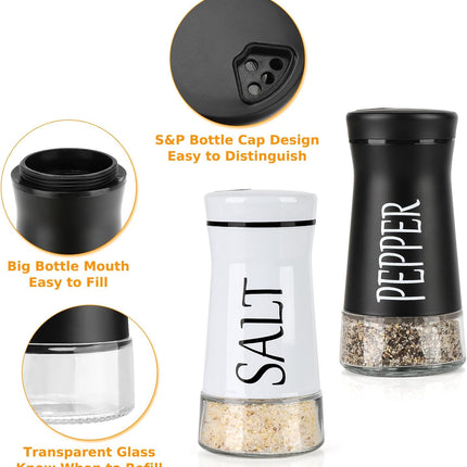 Salt and Pepper Shakers with Adjustable Pour Hole, Stainless Steel Salt Pepper Shaker Dispenser with Glass Bottom for Kitchen Cooking, RV, Camp, BBQ.