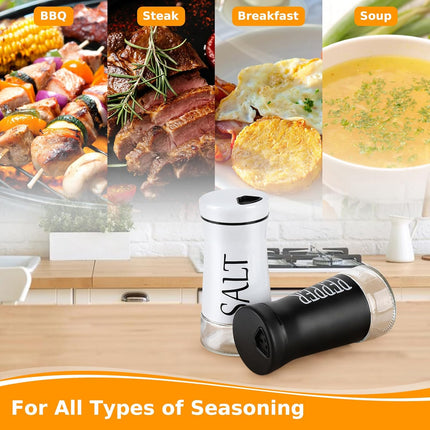 Salt and Pepper Shakers with Adjustable Pour Hole, Stainless Steel Salt Pepper Shaker Dispenser with Glass Bottom for Kitchen Cooking, RV, Camp, BBQ.