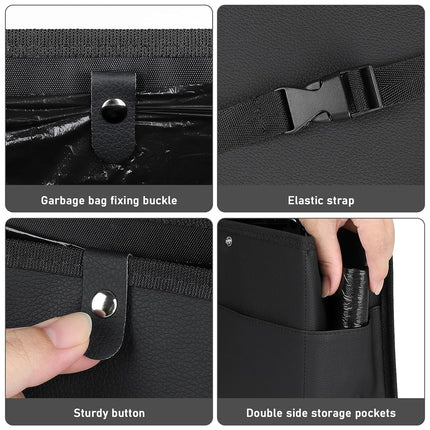 Car Trash Can with Pocket, Small Vehicle Dustbin Automotive Garbage Organizer Bin with 60 Pcs Trash Bags, Hanging Cars Storage Container for SUV Vans (Black).