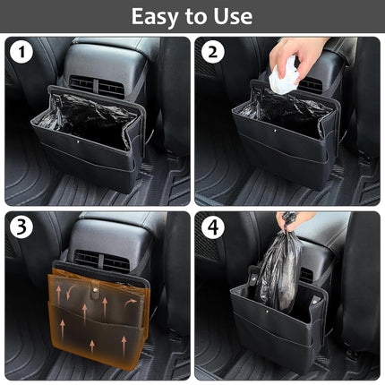 Car Trash Can with Pocket, Small Vehicle Dustbin Automotive Garbage Organizer Bin with 60 Pcs Trash Bags, Hanging Cars Storage Container for SUV Vans (Black).