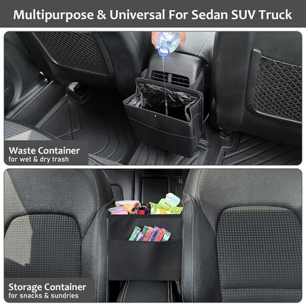 Car Trash Can with Pocket, Small Vehicle Dustbin Automotive Garbage Organizer Bin with 60 Pcs Trash Bags, Hanging Cars Storage Container for SUV Vans (Black).