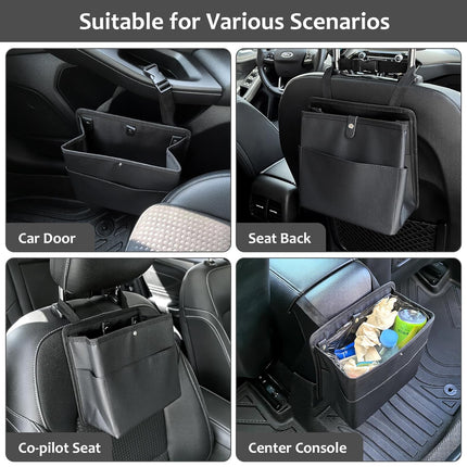 Car Trash Can with Pocket, Small Vehicle Dustbin Automotive Garbage Organizer Bin with 60 Pcs Trash Bags, Hanging Cars Storage Container for SUV Vans (Black).
