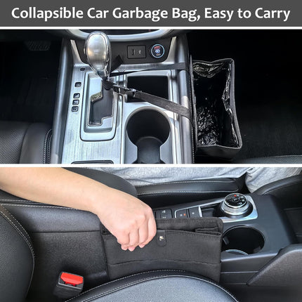 Car Trash Can with Pocket, Small Vehicle Dustbin Automotive Garbage Organizer Bin with 60 Pcs Trash Bags, Hanging Cars Storage Container for SUV Vans (Black).