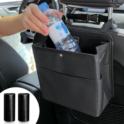Car Trash Can with Pocket, Small Vehicle Dustbin Automotive Garbage Organizer Bin with 60 Pcs Trash Bags, Hanging Cars Storage Container for SUV Vans (Black).