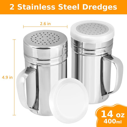2pcs Stainless Steel Dredge, Salt Pepper Dredge Shakers with Handle, Seasonings Spice Shakers with Lid, 14 Ounce.