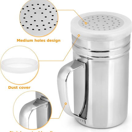 2pcs Stainless Steel Dredge, Salt Pepper Dredge Shakers with Handle, Seasonings Spice Shakers with Lid, 14 Ounce.