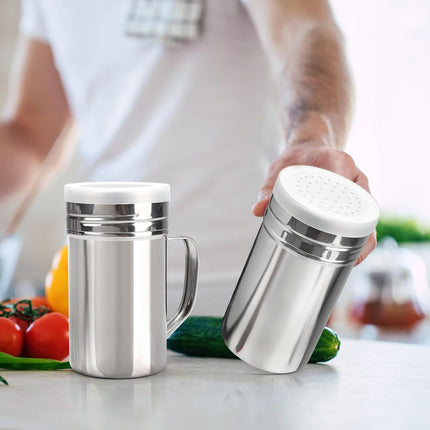 2pcs Stainless Steel Dredge, Salt Pepper Dredge Shakers with Handle, Seasonings Spice Shakers with Lid, 14 Ounce.