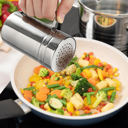 2pcs Stainless Steel Dredge, Salt Pepper Dredge Shakers with Handle, Seasonings Spice Shakers with Lid, 14 Ounce.