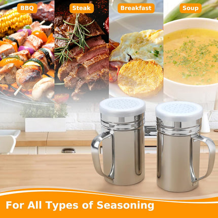 2pcs Stainless Steel Dredge, Salt Pepper Dredge Shakers with Handle, Seasonings Spice Shakers with Lid, 14 Ounce.