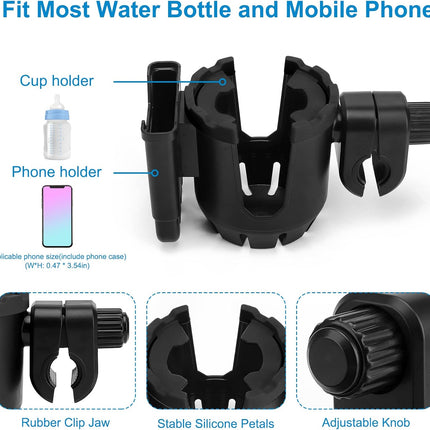 Stroller Cup Holder with Phone Holder, Universal Cup Holder, 2-in-1 Cup Phone Holder for Stroller, Bike, Walker, Wheelchair.