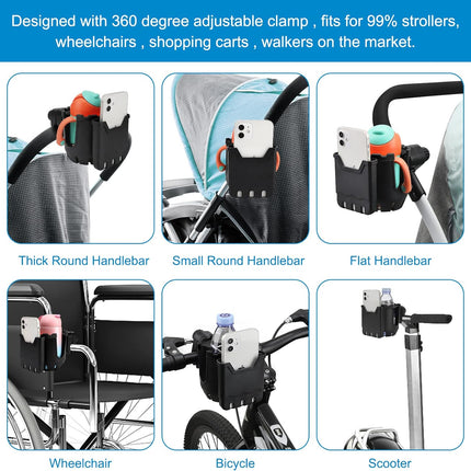 Stroller Cup Holder with Phone Holder, Universal Cup Holder, 2-in-1 Cup Phone Holder for Stroller, Bike, Walker, Wheelchair.