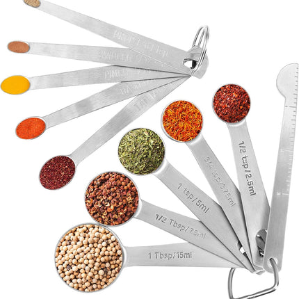 Stainless Steel Measuring Spoons Set with Leveler, 10 Pcs Mini Stackable Teaspoon & Tablespoon for Baking & Cooking, Kitchen Gadgets for Small Amount of Dry or Liquid Ingredients and Spices.