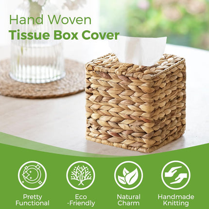 Tissue Box Cover, Square Wicker Tissue Box Holder Facial Tissues Boxes, Hand Woven Napkin Box Tissue Holder for Bathroom Bedroom Office Table Desk Night Stand, Boho Decorative, Natural.