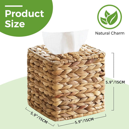 Tissue Box Cover, Square Wicker Tissue Box Holder Facial Tissues Boxes, Hand Woven Napkin Box Tissue Holder for Bathroom Bedroom Office Table Desk Night Stand, Boho Decorative, Natural.