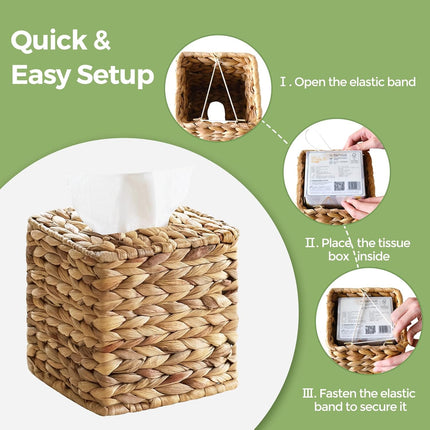 Tissue Box Cover, Square Wicker Tissue Box Holder Facial Tissues Boxes, Hand Woven Napkin Box Tissue Holder for Bathroom Bedroom Office Table Desk Night Stand, Boho Decorative, Natural.