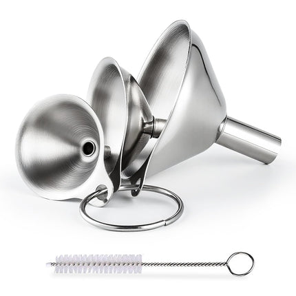 Kitchen Funnel, Stainless Steel Mini Funnel, Set of 3, Perfect for Transferring Liquids, Oils, Powders, Spices, with Round Ring and Cleaning Brush.