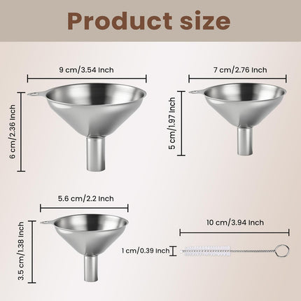 Kitchen Funnel, Stainless Steel Mini Funnel, Set of 3, Perfect for Transferring Liquids, Oils, Powders, Spices, with Round Ring and Cleaning Brush.