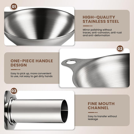 Kitchen Funnel, Stainless Steel Mini Funnel, Set of 3, Perfect for Transferring Liquids, Oils, Powders, Spices, with Round Ring and Cleaning Brush.