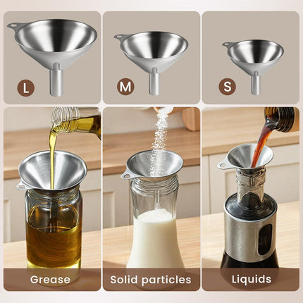 Kitchen Funnel, Stainless Steel Mini Funnel, Set of 3, Perfect for Transferring Liquids, Oils, Powders, Spices, with Round Ring and Cleaning Brush.