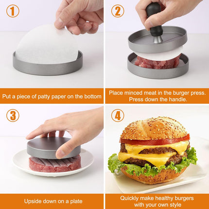 Burger Press 150 Patty Papers, Non-Stick Hamburger Patty Maker with Wax Paper, Aluminum Burger Maker for Kitchen BBQ Grill.