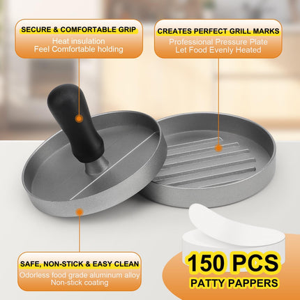 Burger Press 150 Patty Papers, Non-Stick Hamburger Patty Maker with Wax Paper, Aluminum Burger Maker for Kitchen BBQ Grill.