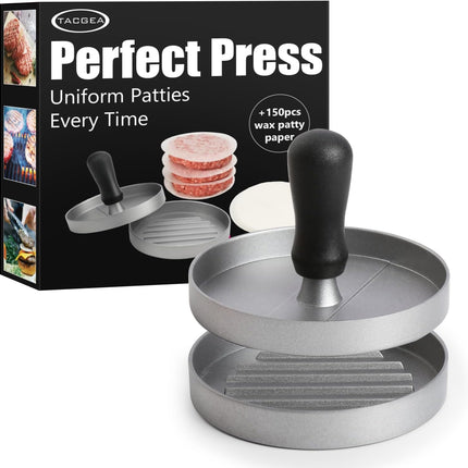 Burger Press 150 Patty Papers, Non-Stick Hamburger Patty Maker with Wax Paper, Aluminum Burger Maker for Kitchen BBQ Grill.