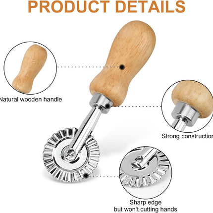 Ravioli Stamp Maker Cutter with Roller Wheel (Set of 4), Wooden Handle and Fluted Edge, for Ravioli, Pasta, Dumplings Lasagna, Pierogi.