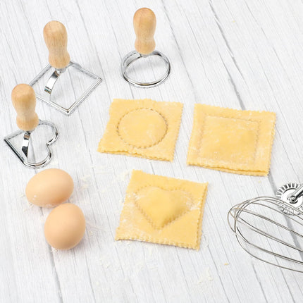 Ravioli Stamp Maker Cutter with Roller Wheel (Set of 4), Wooden Handle and Fluted Edge, for Ravioli, Pasta, Dumplings Lasagna, Pierogi.