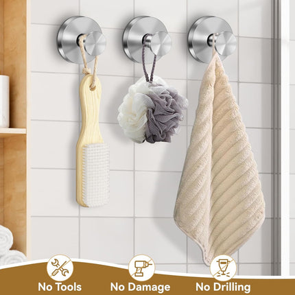 Suction Cup Hooks for Shower, Removable Towel Hooks for Bathroom Window Glass, Powerful Vacuum Shower Hook for Towel, Robe, Loofah - 4 Pack, Sliver.
