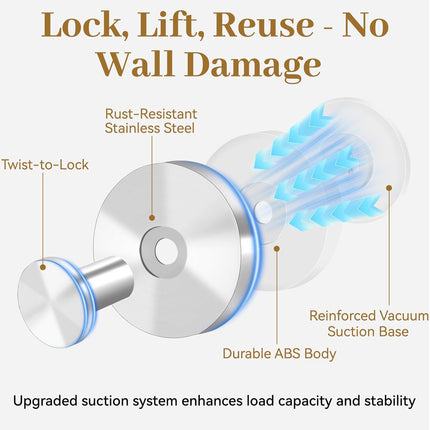 Suction Cup Hooks for Shower, Removable Towel Hooks for Bathroom Window Glass, Powerful Vacuum Shower Hook for Towel, Robe, Loofah - 4 Pack, Sliver.