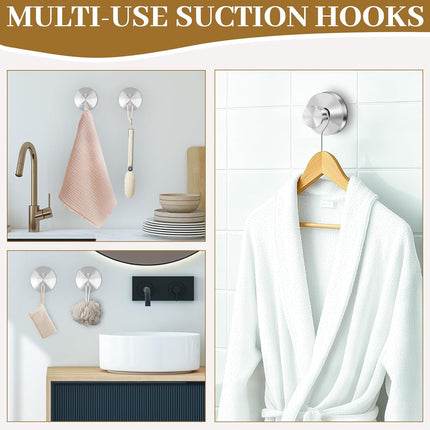 Suction Cup Hooks for Shower, Removable Towel Hooks for Bathroom Window Glass, Powerful Vacuum Shower Hook for Towel, Robe, Loofah - 4 Pack, Sliver.