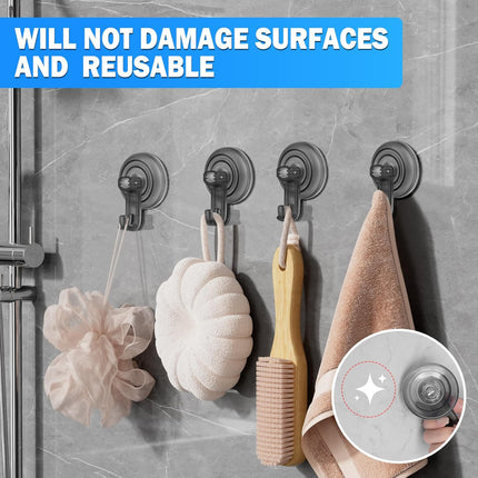 Suction Cup Hooks for Shower, Powerful Vacuum Shower Hook for Towel, Robe, Loofah - Reuseable and Removeable Bathroom Hook, Gray, 6 Pack.